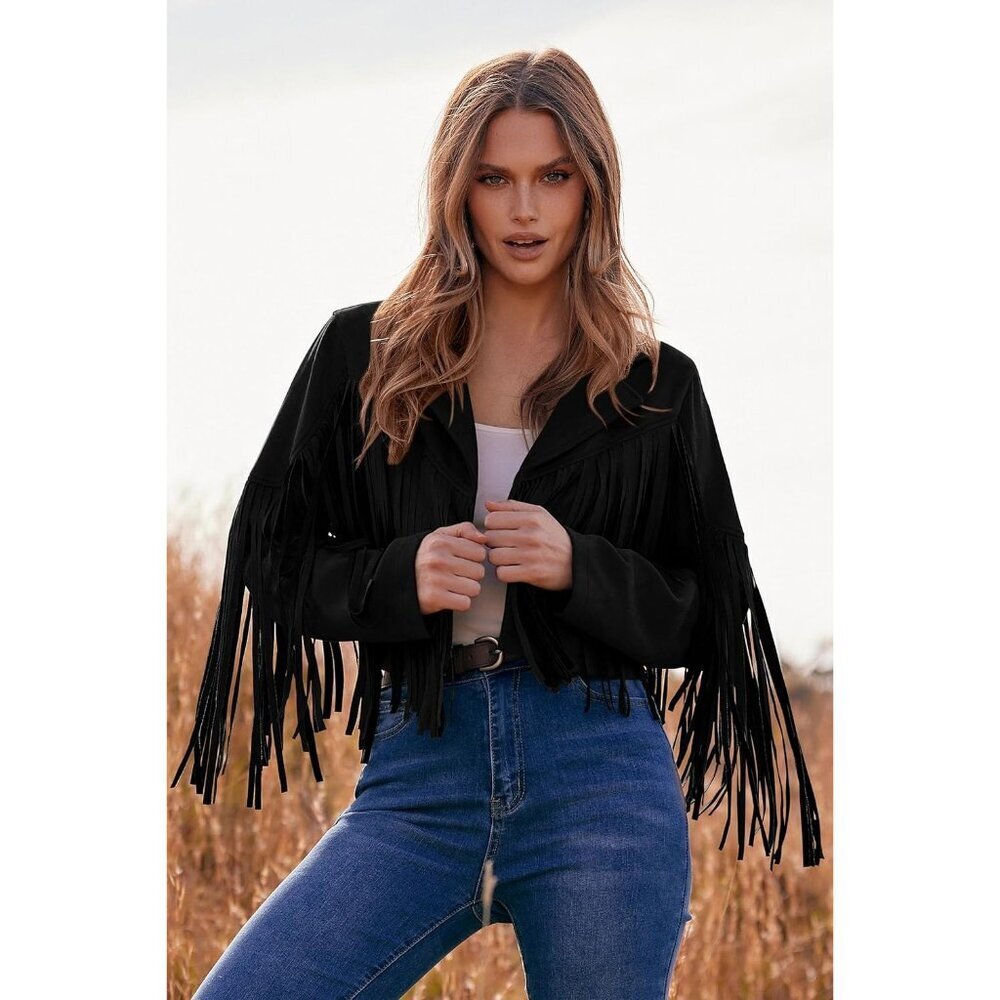 Women's Black Fringe Faux Suede Leather Tassel Motorcycle Cropped Jackets - Picture 7 of 9